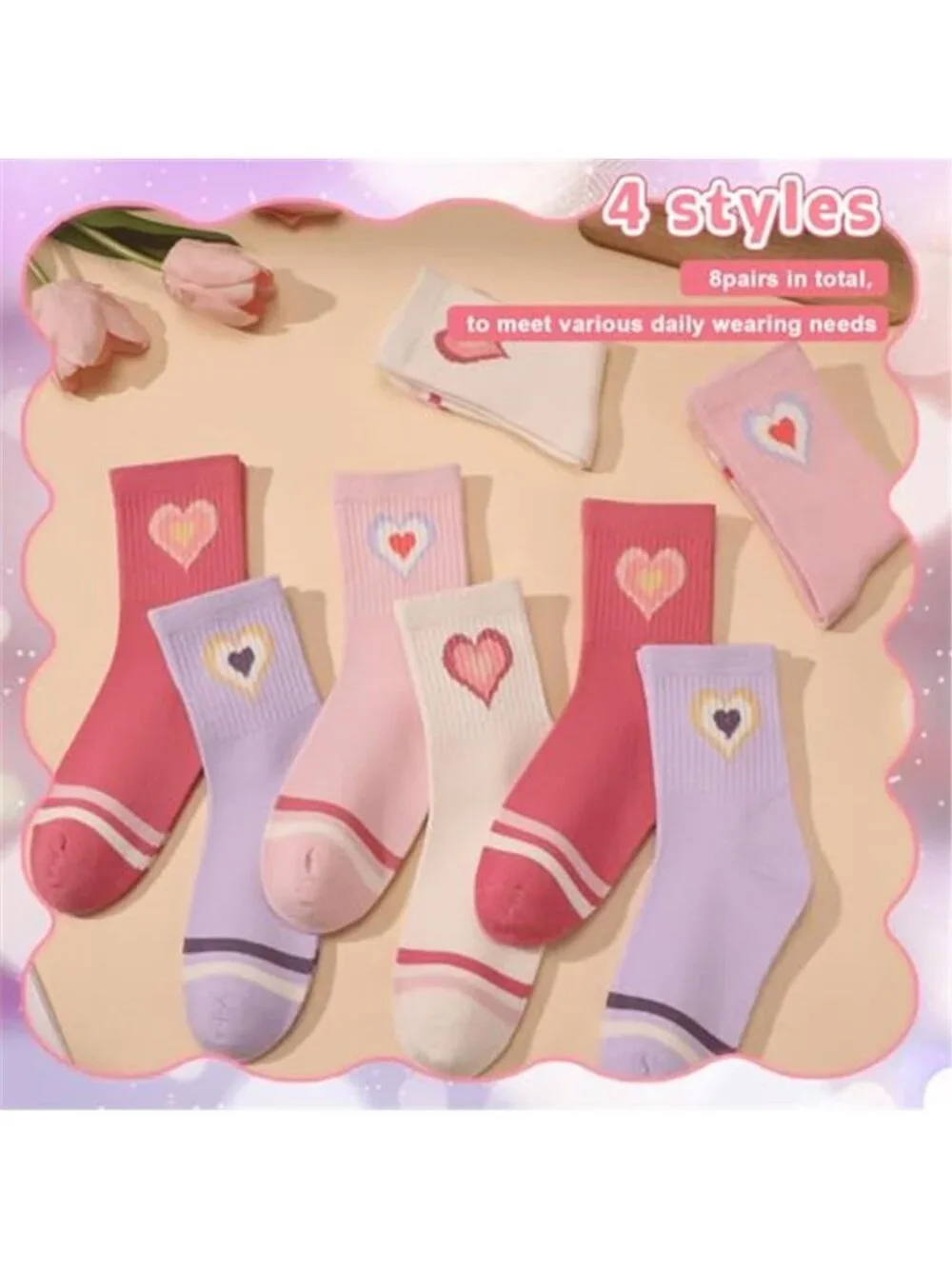 8 Packs Kids Girls Crew Athletic Socks with Retro Stripes Hearts